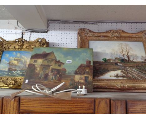Oil on canvas of a Farming scene gilt framed, Print of a Galleon in Gilt Frame and a Oil on Board of a Village