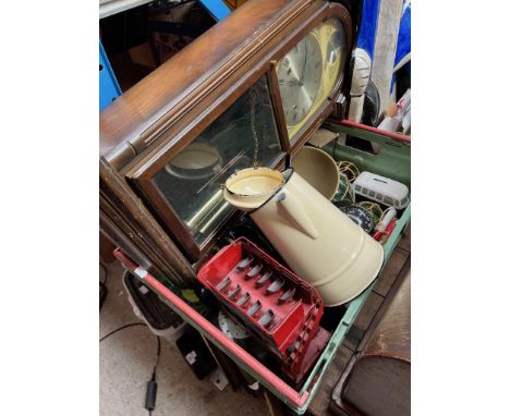 A box of assorted items including President 31 day clock, kitchen scales with bell weights, tin plate bus, an Aquameter boat 