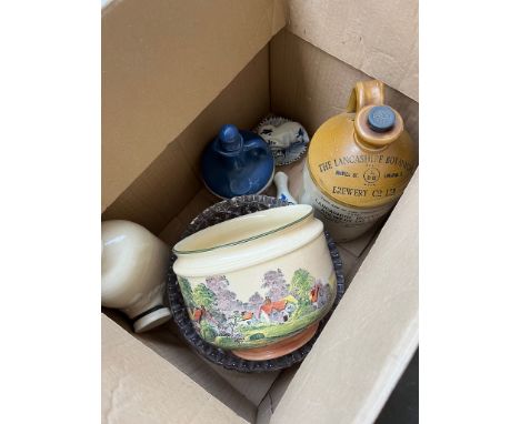 A box of misc pottery to include "The Lancashire Botanical Brewery Co Ltd" stoneware bottle, Lamb's Navy rum bottle - empty, 