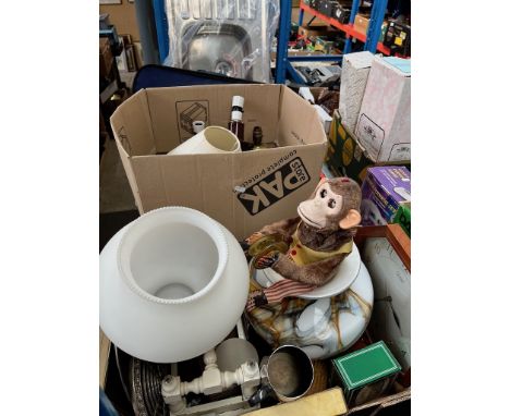 A box of table lamps, some platedware, a clock, a large vase, 2 boxes and 1 basket of various electrical items to include hub