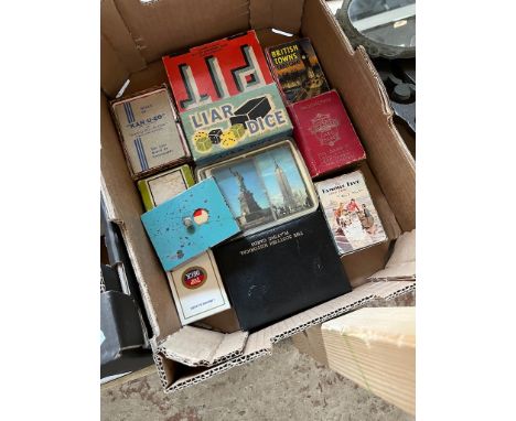 10 vintage complete boxed games including Lucky Chip nude and Scottish Historical playing cards, metal card case with trump m