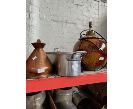 A table lamp, copper jug, a copper post horn, an antique brass post horn, by Boosey &amp; Co., a large platter featuring brow