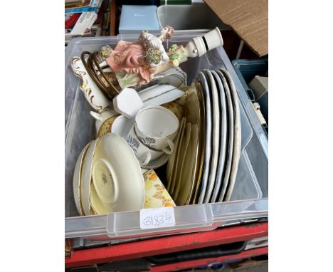 A box of ceramics to include figural lamp, etc.  
