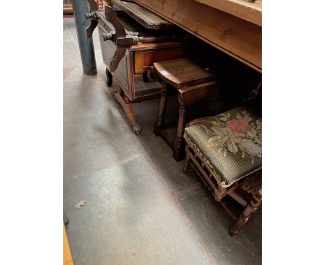 Various items of furniture; two Ercol elm tables, a carved wood table, a tapestry firescreen table, a sofa table, an antique 