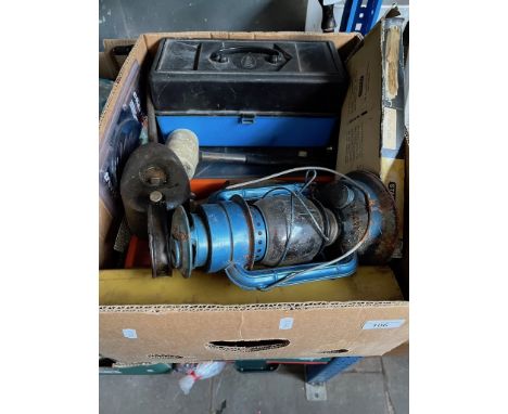 A box of tools, old oiler, brass warmin pan, etc.  