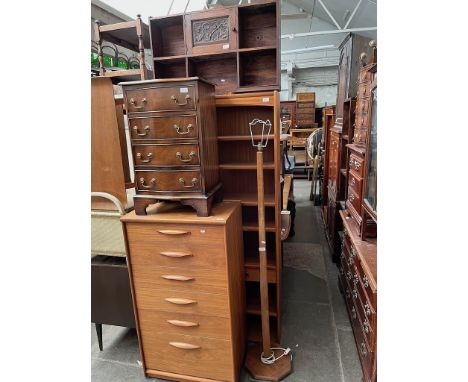 A Parker Knoll bookcase, oak wall unit, small serpentine chest of drawers, an Austinsuite danish tall chest of drawers and a 