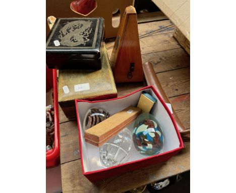 A mixed lot including 3 paperweights, harmonica, metronome, small tripod, leather jewellery box and lacquered box etc  