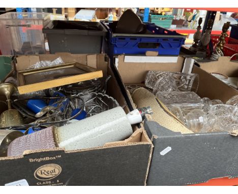 Two boxes of glass, metalware and a ceramic lamp base etc.  