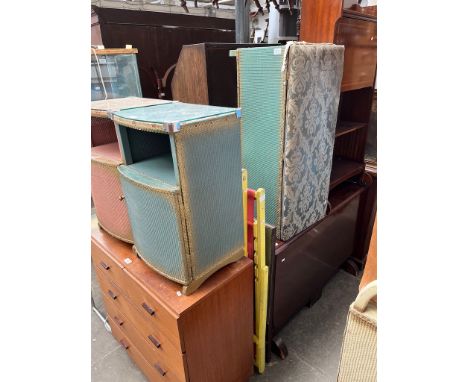 Various items of furniture; two Lloyd Loom bedside cabinets, a Lloyd Loom ottoman, a mid 20th century chest of drawers, two v