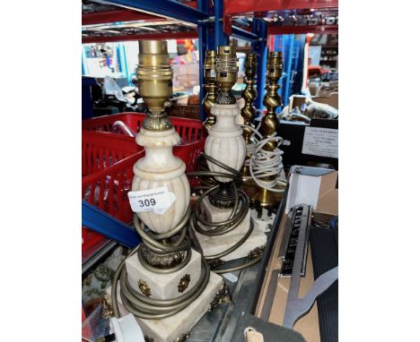 A table lamp with brass base and glass bowl, 3 brass table lamps and 2 alabaster table lamps, no shades  