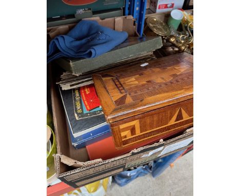A box of LPs, an inlaid sewing box and contents, and a cashmere scarf  