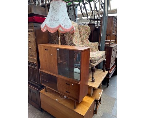 A mid 20th century teak side cabinet, a bedding box and an onyx and brass standard lamp.  