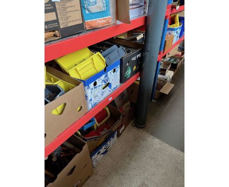 12 boxes + 3 toolboxes of various garageware, tools, socket sets, planes, spanners, g-clamps, lin bins, 10kg copper rivets, e