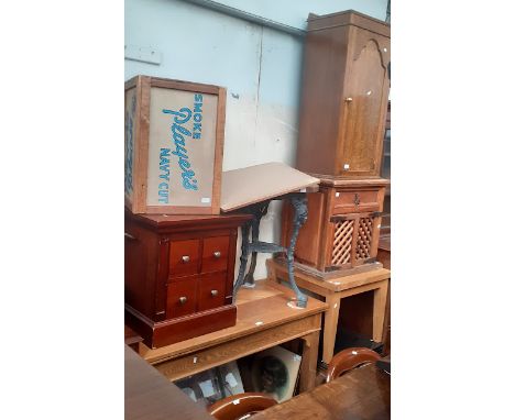 Various items of furniture to include oak cabinet, oak coffee table, glass coffee table, oak side table, pub table with cast 