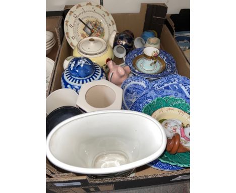 A box of china and pottery including Portmeirion Botanic Garden vase, blue and white teaware, and a lidded Chinese ginger jar