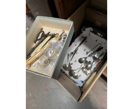 A box of assorted bric a brac including a Pietra Dura slab, various cutlery, an ivory handle pen knife, bone sewing implement