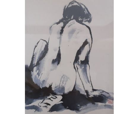 After Qu Lei Lei (born 1951), 'Semi Kneeling Figure', 23cm x 29cm, print, framed and glazed.