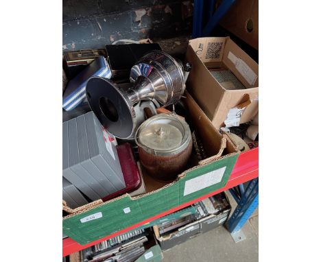 2 boxes of collectables to include OS maps, cine films, paraffin lamp, biscuit barrel, pewterware, etc.  