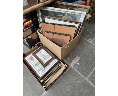 Two boxes of assorted pictures including a Judy Boyes signed ltd edition print and a small watercolour by Tom Anderton.  