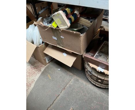 5 boxes of lamps, pottery, glassware, metalware, ornaments, pictures, wooden planters, glass light shades, electricals, etc. 