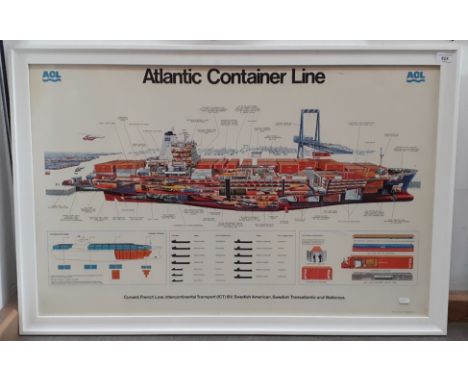 A large maritime print of an Atlantic Container Line cargo ship, 95cm x 60cm, framed and glazed.