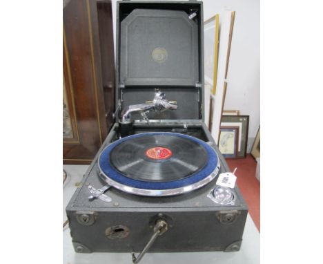 A Picnic Style Wind-Up Gramophone for Columbia, including it's original monogrammed sleeve of 78rpm records.