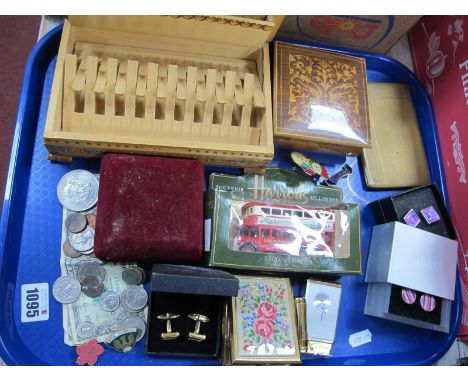 Royal Musical Lighter, Kigu compact, coinage, cigarette box and case, badges, etc:- One Tray.