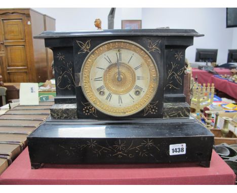 A XIX Century Black Painted Metal Cased Mantle Clock, with marble and gilt metal mask mounts, eight day movement by Ansonia o