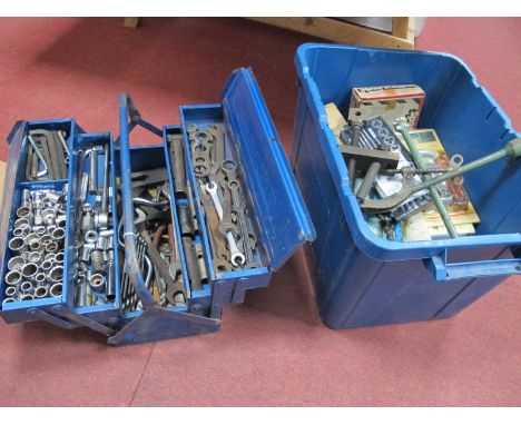 Tools - spanners etc in Draper carry box, riveting pliers digital multi meter, tap and die set, G clamp hub puller, sockets, 
