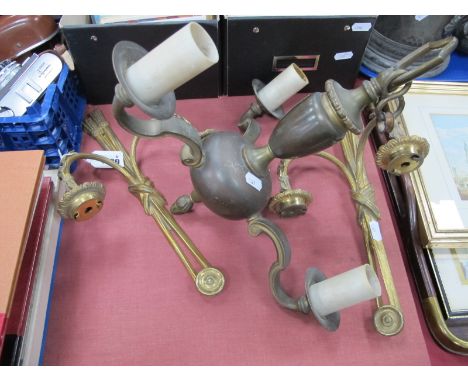 A Pair of English Twin Branch Gilt Metal Wall Lights, with ribbon decoration, three brand ceiling light. (3).