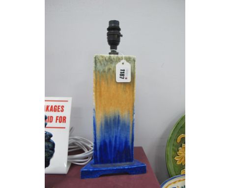 Ruskin Pottery Table Lamp, of triangular form in drizzle design of olive green, orange and blue, 26cm high, excluding fitting