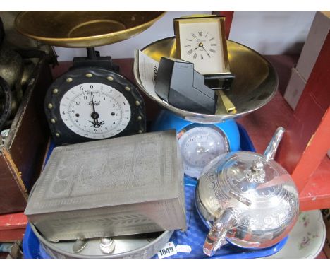 Sochncle Scales and Other Set, Walker and Hall teapot, teaspoons, Timemaster clock, pewter bowl and box, etc:- One Tray