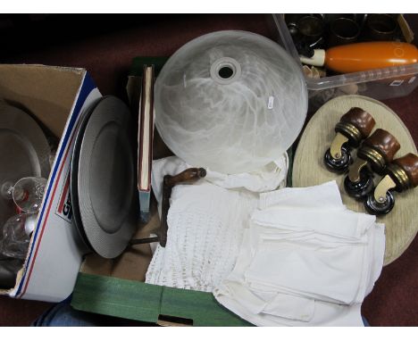 A XIX Century Brass and Ceramic Castors, table winder, George Cunningham signed book, glassware, plates, linens, stool.