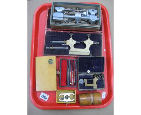 Two Brass Fine Lathe Tools, in cases, favourite example, Bergeon implements others in treen cylinder.