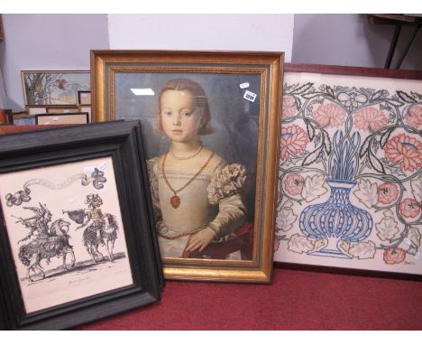 After Agnolo Bronzino 'Maria De Medici' print, woolwork framed panel of flowers, prints. (6)