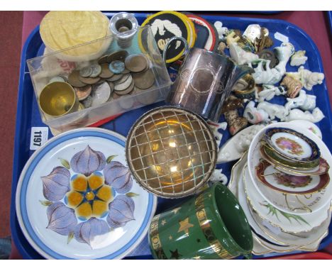 A Denby Chatsworth Plate, Limoges, Wade, Carlton crested battleship coinage, patches, badges, Daw Mill mining, etc:- One Tray