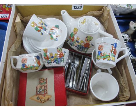 A Child's Tea Set, circa 1930's of fifteen pieces, the teapot, 'Betty's Tea Party', jug 'Your Licence Please', Gwenda boxed c