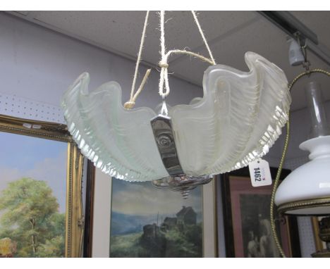 An Art Deco Ceiling Light, the three glass shell effect panels, united by chrome supports.