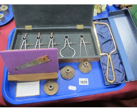 A Miniature Presentation Saw, James Neil presentation centenary hacksaw (boxed), a box of dividers, callipers.