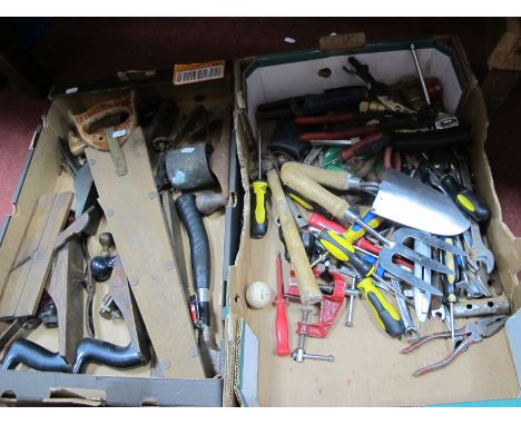 Hand Tools, including six smoothing and jack planes, brass blow torch:- Two Boxes.
