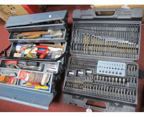 Tools - marking gauge, hack saw, etc, in metal carry box, drill attachments in case.