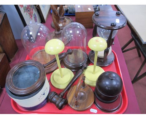 An Egg Timer, two glass domes stands, wig stands, gavel, Asfour bi plane, magnifying glass, watch stand, modern globe, etc.