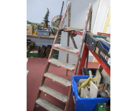 Woodworkers Tools, Woden corner clamp, plasterers equipment, etc:- Two Boxes, folding steps.