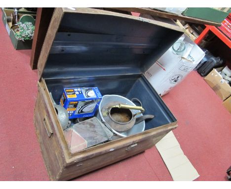 Late XIX Century Tin Trunk, aluminium twin handled bowl, tyre inflator, etc.