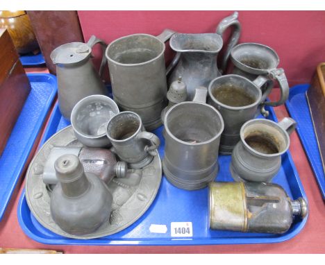XIX Century Pewter Mugs, measures, hip flasks, plate.