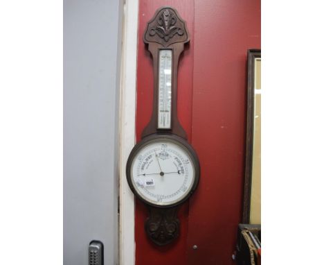 Mahogany Banjo Barometer, with poker work carving, Made In England, thermometer to neck.