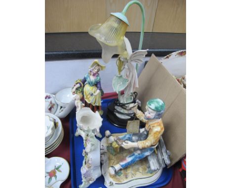 Continental Porcelain Clock and Cornucopia Bowl each encrusted with flowers, pottery figure of a Flower Seller, Caop di Monte