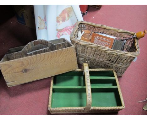 Art Nouveau Ebonized Box, 16cm wide, alarm clock plant pots, wicker box and cutlery basket, also wooed example, (3).