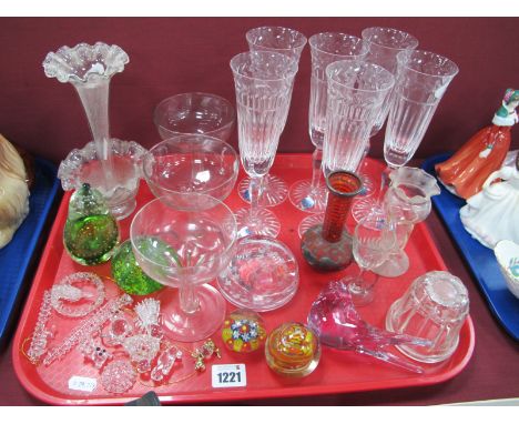 Six Stuart Crystal Champagne Figures, frilled epergne silvered ruby glass vase, Swarovski cat, etc:- One Tray