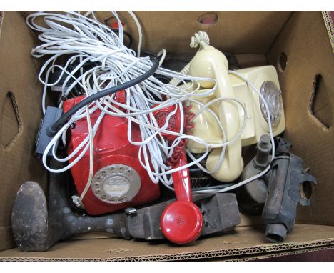 Burmos Blow Lamp, oil can, tools, two telephones.